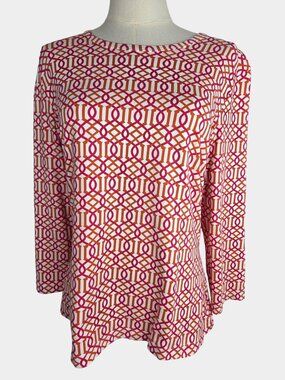 J.McLaughlin Catalina Cloth 3/4 Sleeve Top Sz L Coral White Geometric Trellis EU
